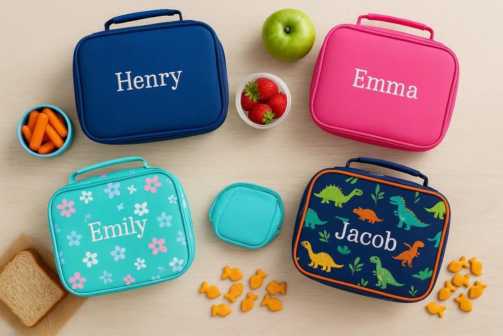 Colorful personalized lunchboxes with kids’ names and fun designs on a table for school lunches