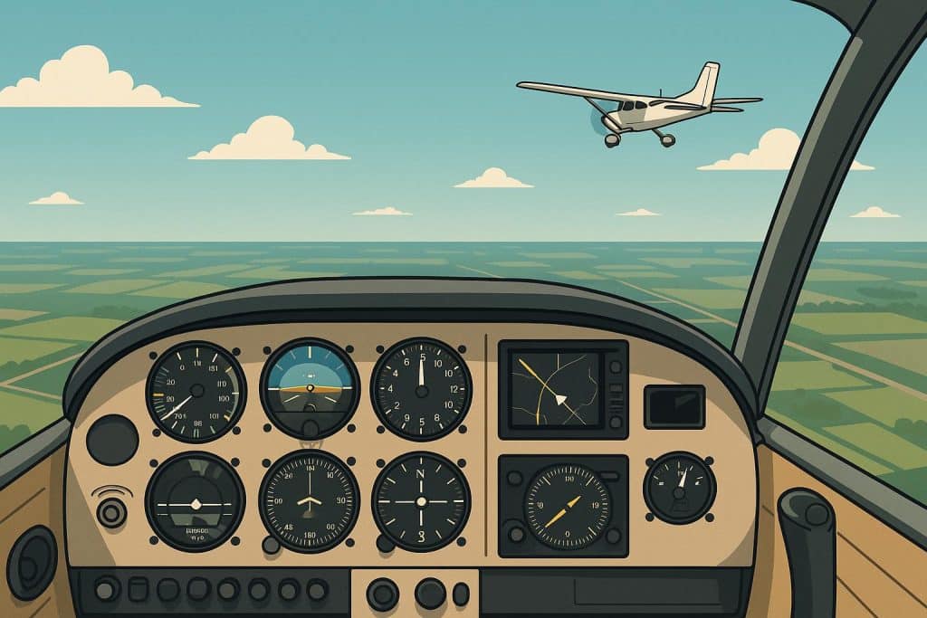 Cockpit view with aircraft instruments highlighting situational awareness techniques in aviation