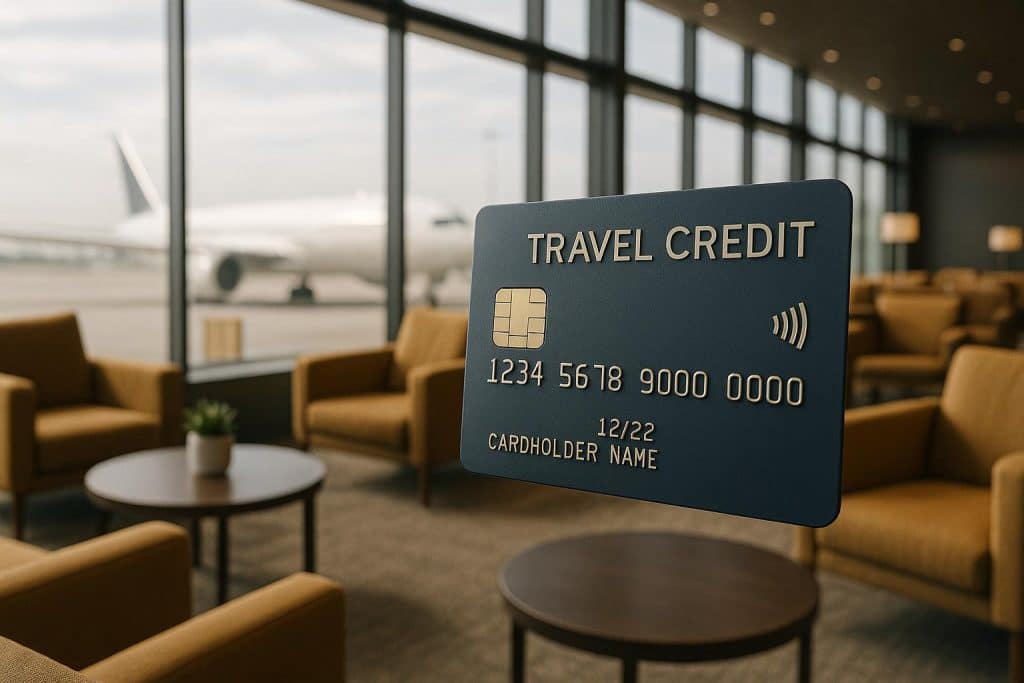 Luxury airport lounge with travel credit cards and suitcases highlighting lounge access benefits