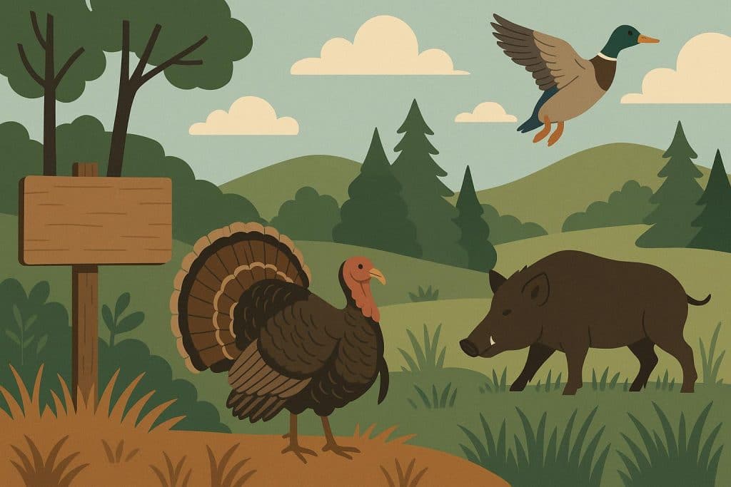 Spring hunting season gear and wildlife in forest, highlighting considerations for hunters