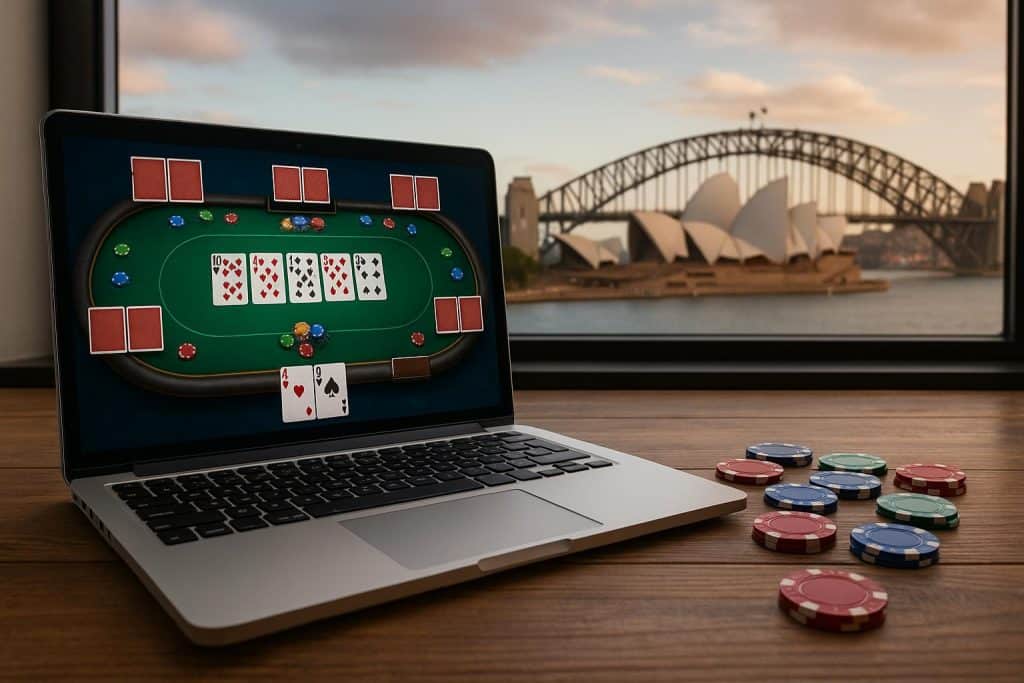 Online poker gameplay open on laptop in Australian café, representing digital nomad lifestyle