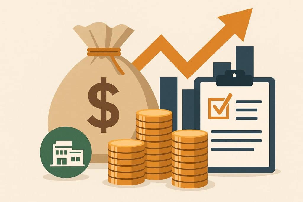 Business valuation concept with growth chart, calculator, and documents representing company success