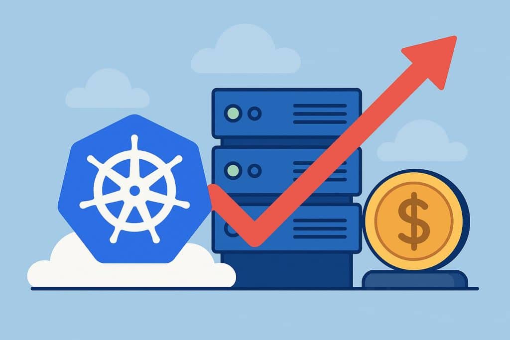 Cloud infrastructure dashboard with Kubernetes logo and highlighted cost analytics charts
