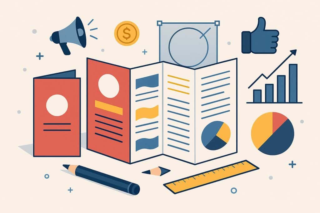 Colorful brochure designs arranged on a desk, showcasing creative layouts and marketing material ideas