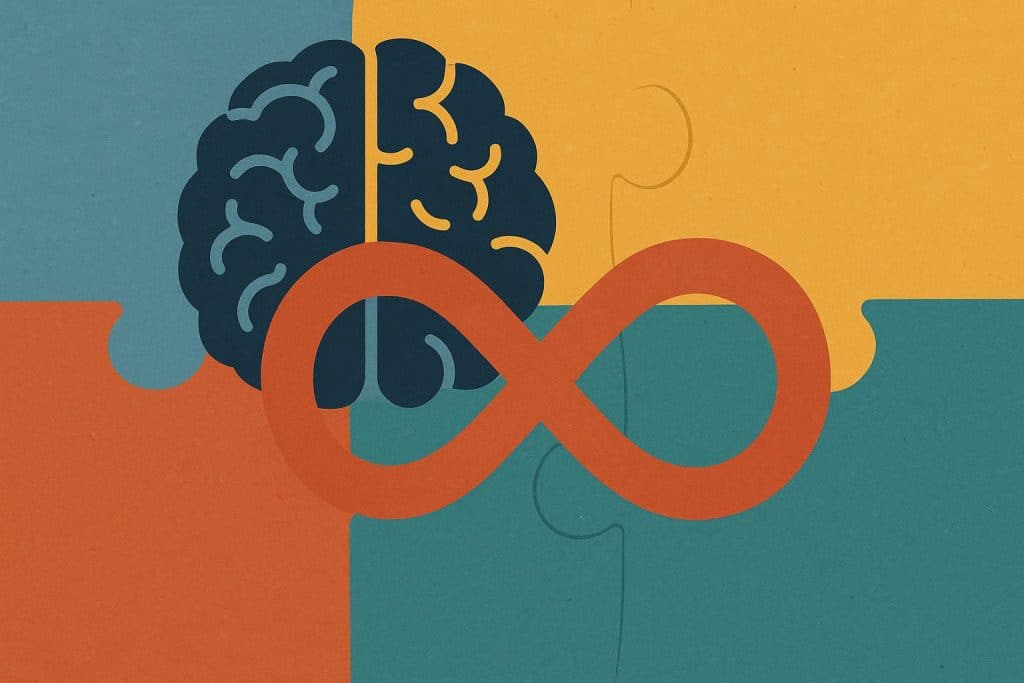 Autism and ADHD neurodiversity concept with interconnected brain puzzle pieces