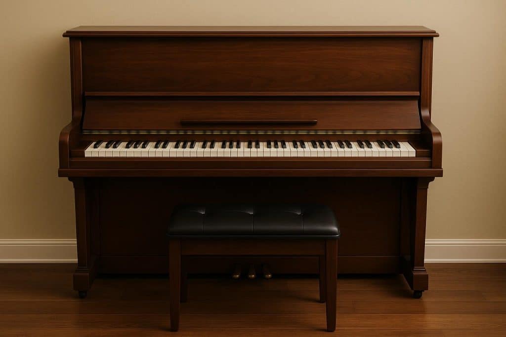 Elegant piano with matching bench in a well-lit room, highlighting craftsmanship and harmony