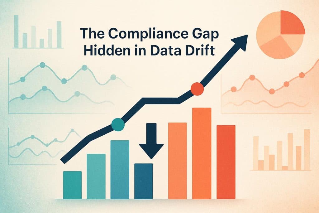 Data drift concept illustrated by shifting data points and compliance process charts