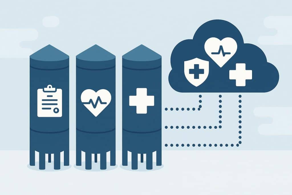 Healthcare data silos illustration with interconnected networks representing data aggregation benefits