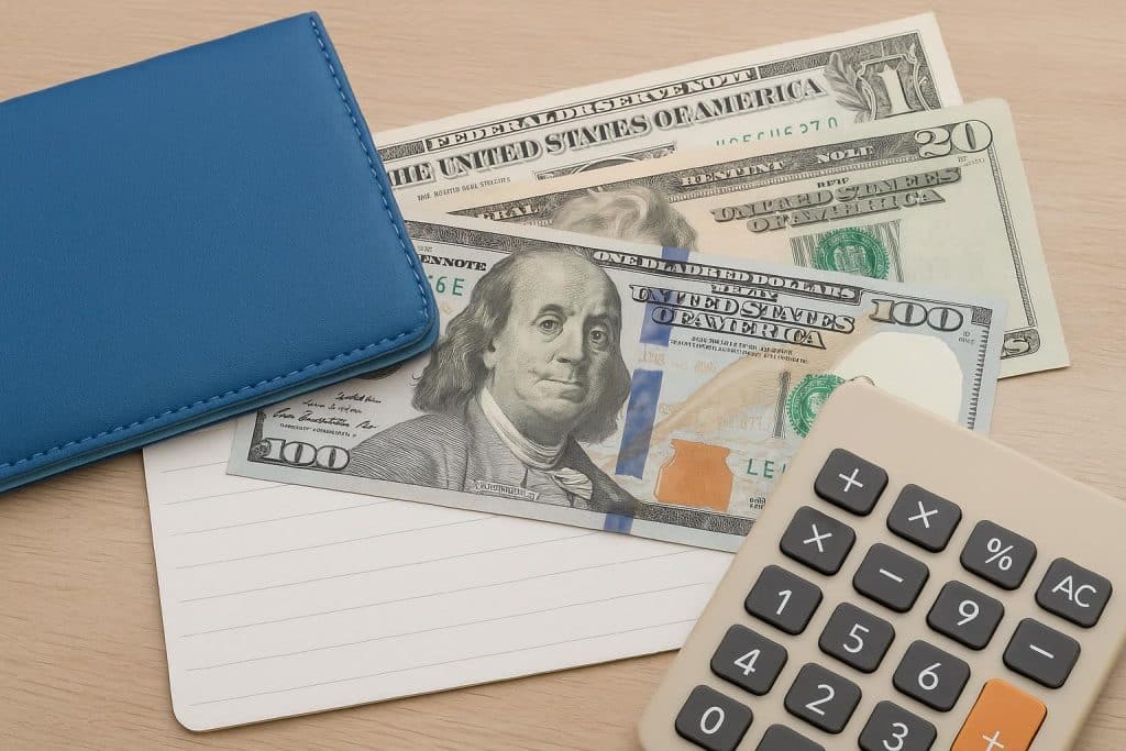 Bank statement, calculator, and coins illustrating common savings account fees and avoidance tips