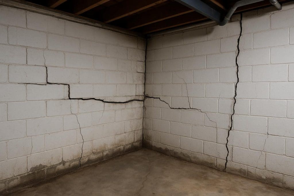 Cracked basement wall with visible bowing, highlighting structural damage and hidden risks