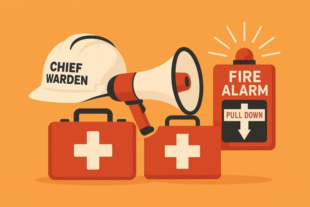 Chief warden coordinating emergency response team during a building evacuation drill