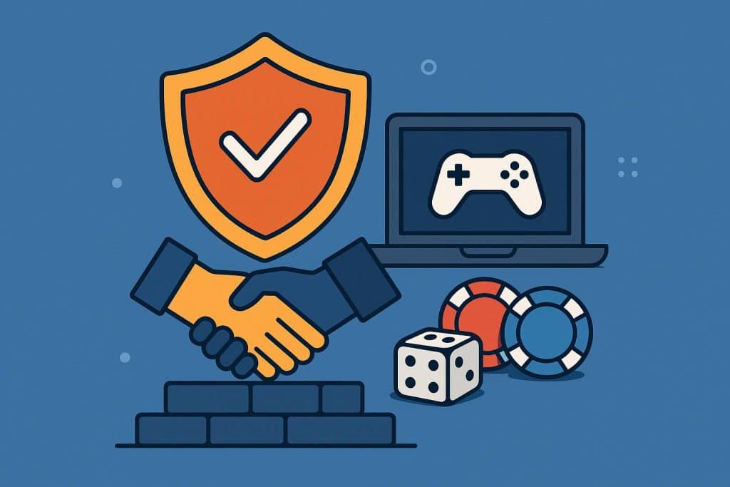 Secure online gaming platform interface displaying trust badges and credibility evaluation icons