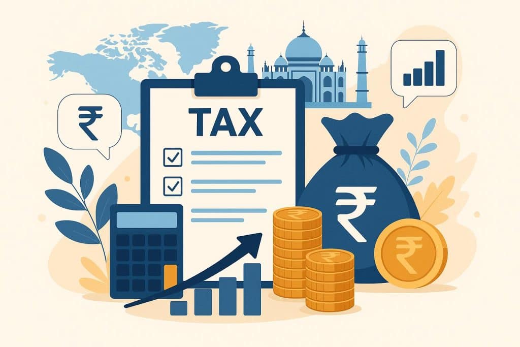 Indian rupees, tax documents, and calculator representing NRI tax planning strategies