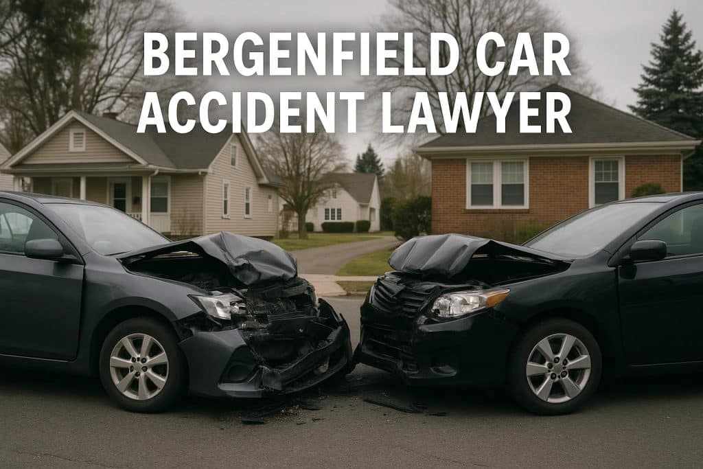 Car accident aftermath on Bergenfield street with damaged vehicles and legal aid signage