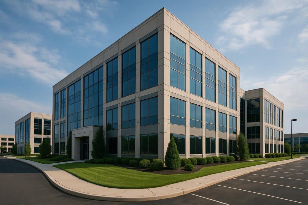 Modern commercial building exterior showcasing effective maintenance and building care practices
