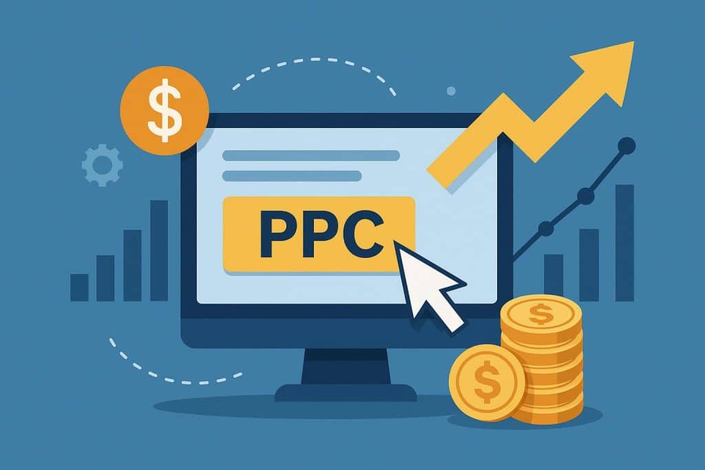 Laptop screen displaying PPC analytics dashboard and growth graph for effective online advertising