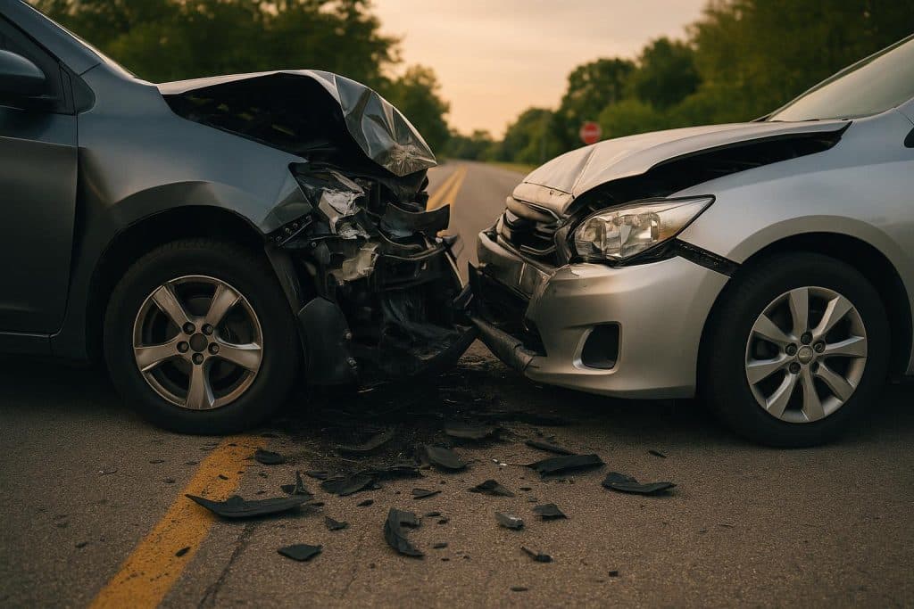 Damaged car on Bergenfield street highlighting need for experienced car accident lawyer