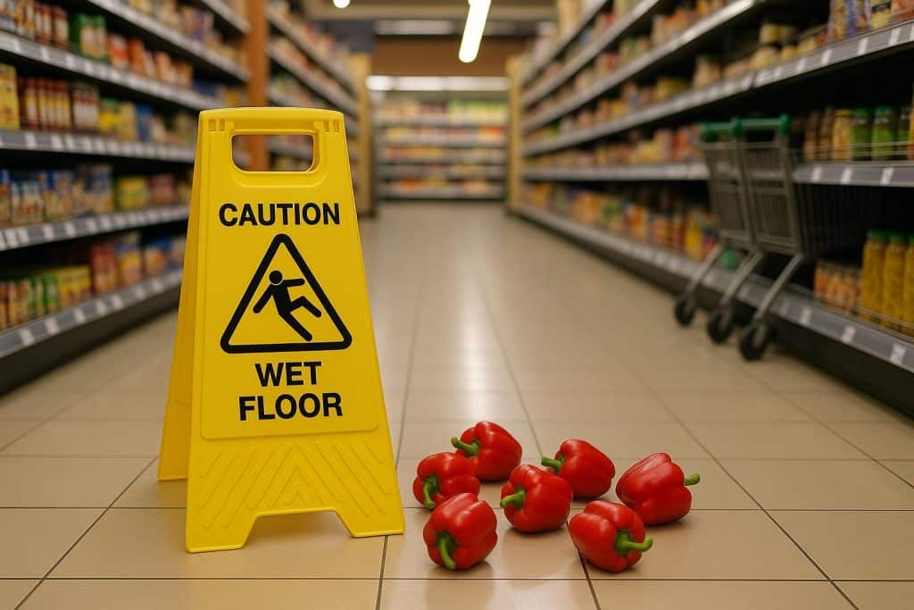 Grocery store aisle with caution sign highlighting consumer safety and injury prevention measures