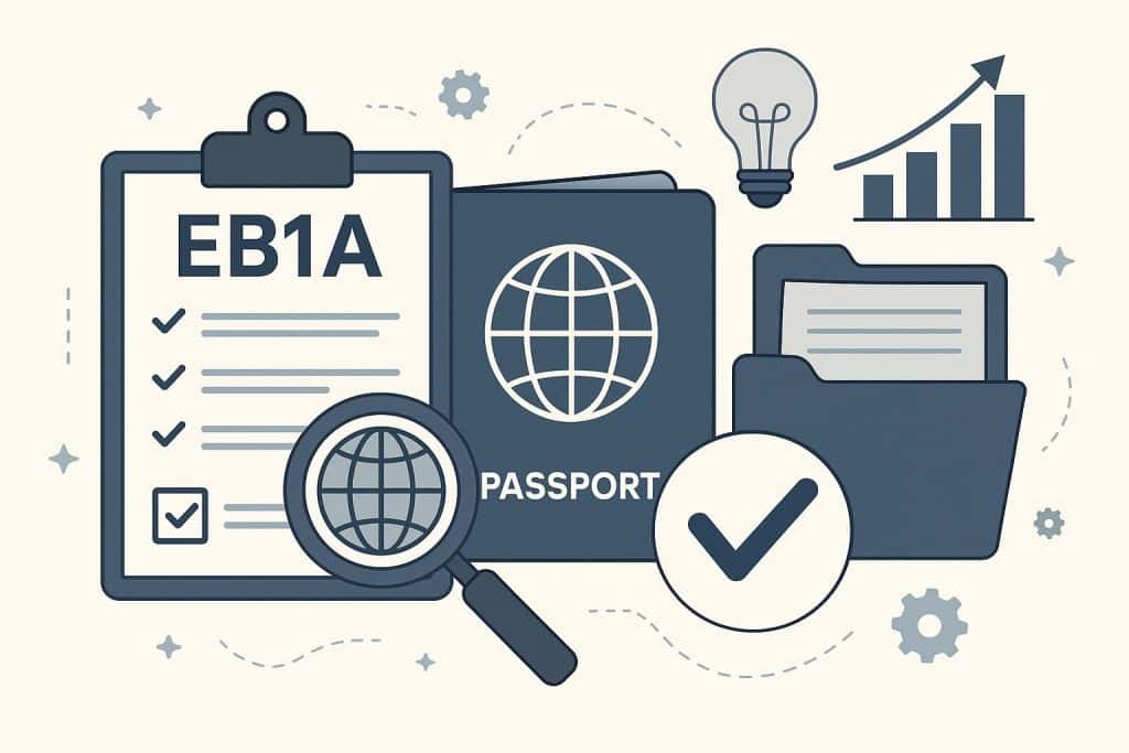 EB1A visa consulting process illustration with expert analysis charts and legal documents