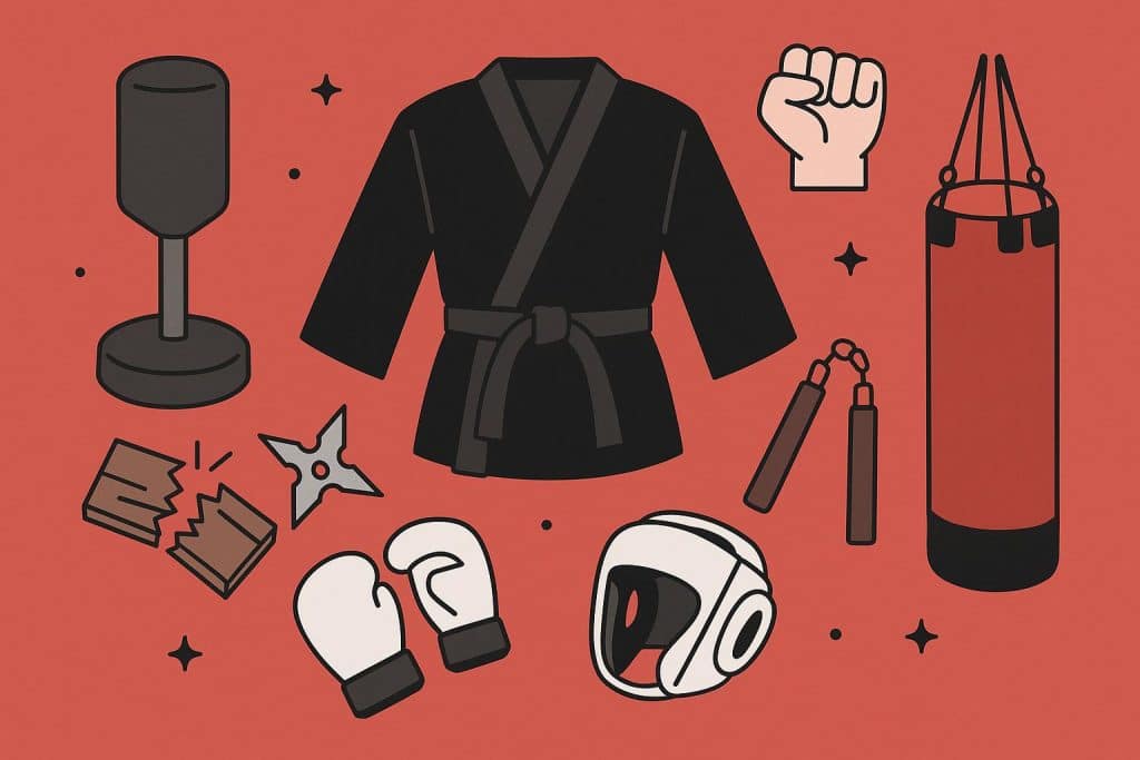 Martial arts gear with gloves, belt, and uniform placed on training mat for beginners