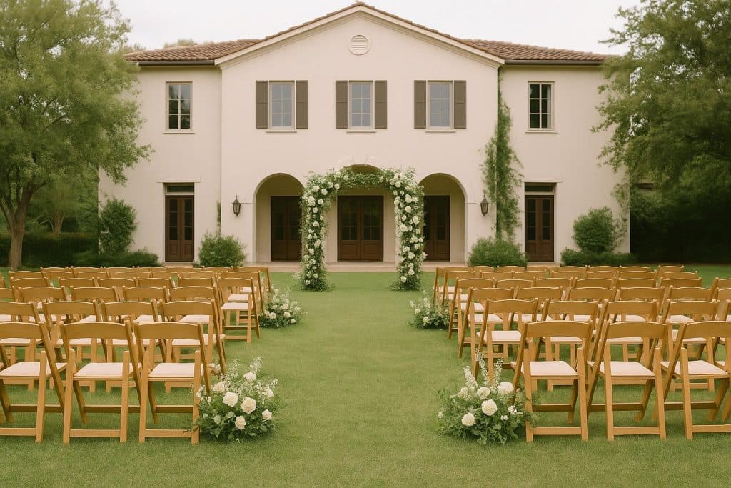 Elegant wedding venue with decorated tables, floral centerpieces, and romantic lighting ambiance