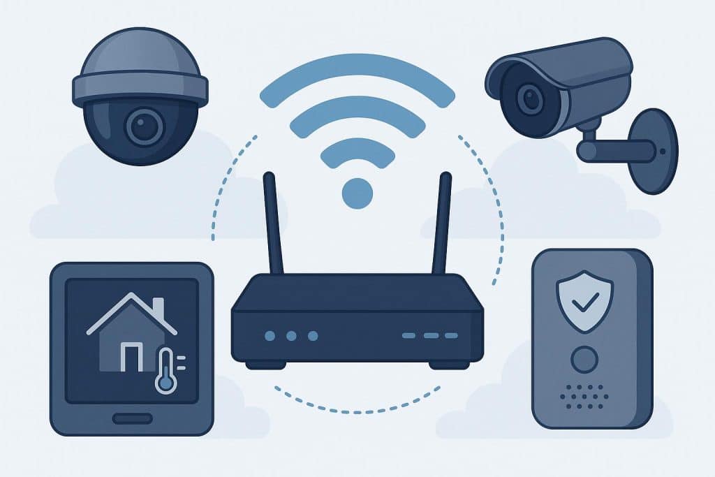 Wireless router connected to CCTV camera and smart home devices for optimized security setup
