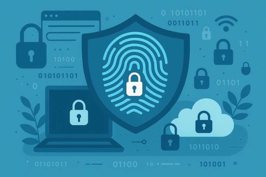 Digital fingerprint icon securing data, symbolizing online privacy protection techniques