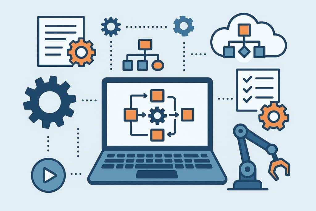 Workflow dashboard displaying automation icons and graphs for business process optimization