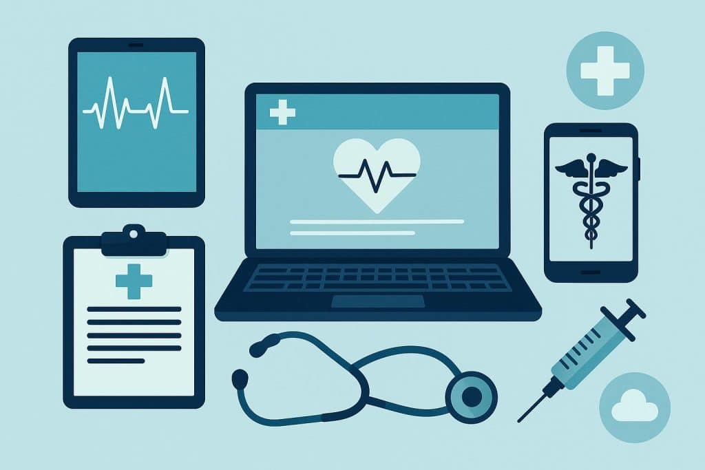 Medical professional using digital tools and software in a modern healthcare office setting