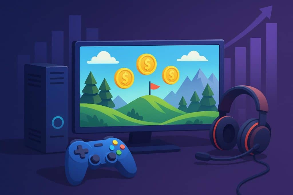 Colorful online gaming setup with multiple screens displaying popular video games and esports logos