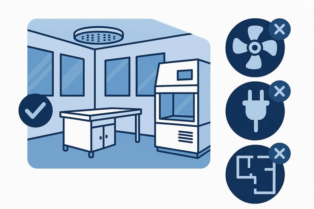Pharmaceutical cleanroom with equipment and supplies emphasizing proper planning and organization