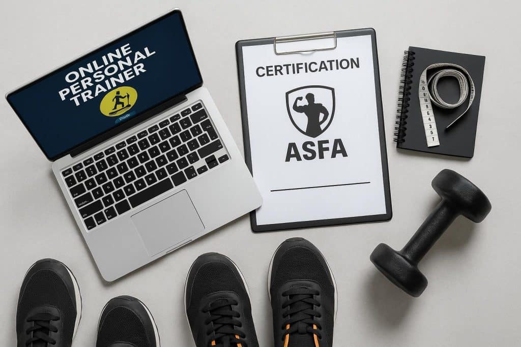 Online Personal Training Certification: ASFA’s Comprehensive Programs Laptop displaying ASFA online personal training certification program dashboard and course materials