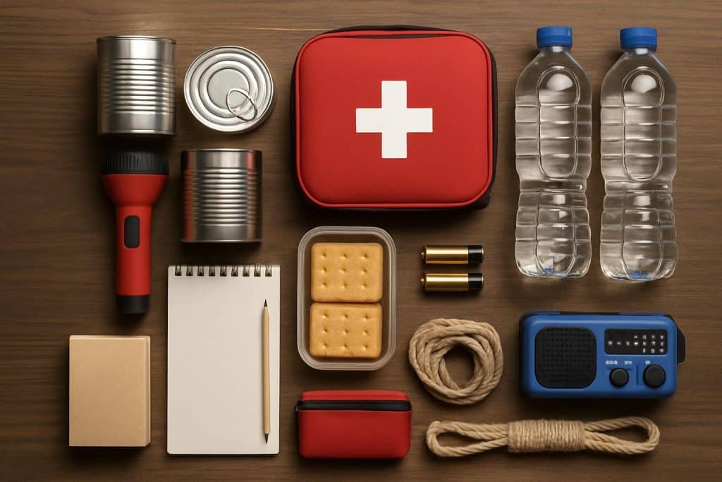 Emergency kit, family checklist, and safety supplies for preparing for unexpected situations