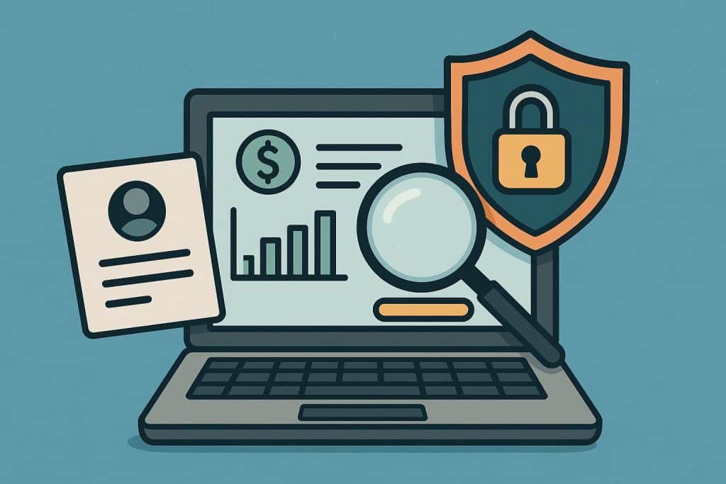 How to Vet a Financial Service Before Sharing Personal Information Magnifying glass examining financial documents and computer for vetting financial service providers