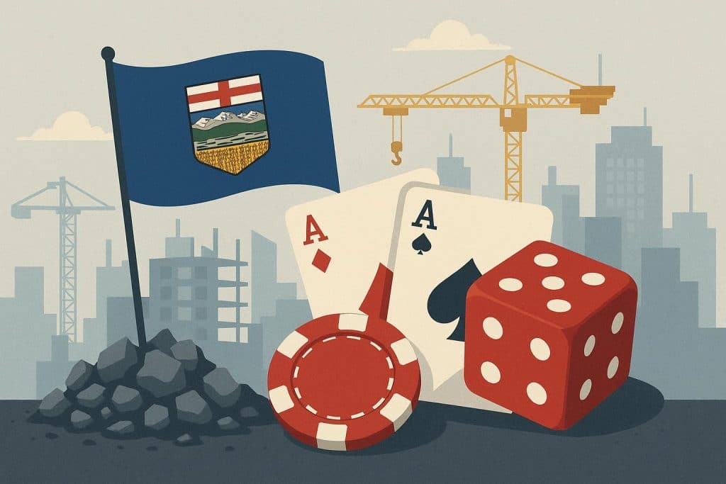 Alberta iGaming industry growth illustrated with digital gaming icons and economic development symbols