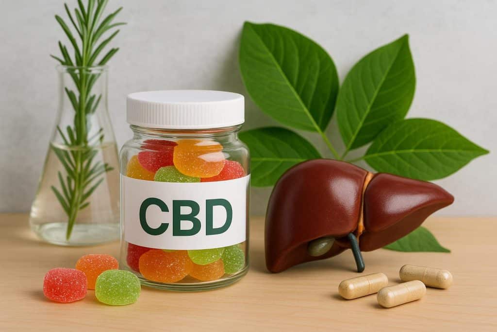 Can CBD Gummies Help Support Liver Health and Detoxification? CBD gummies and liver icon illustrating potential liver health and detoxification benefits