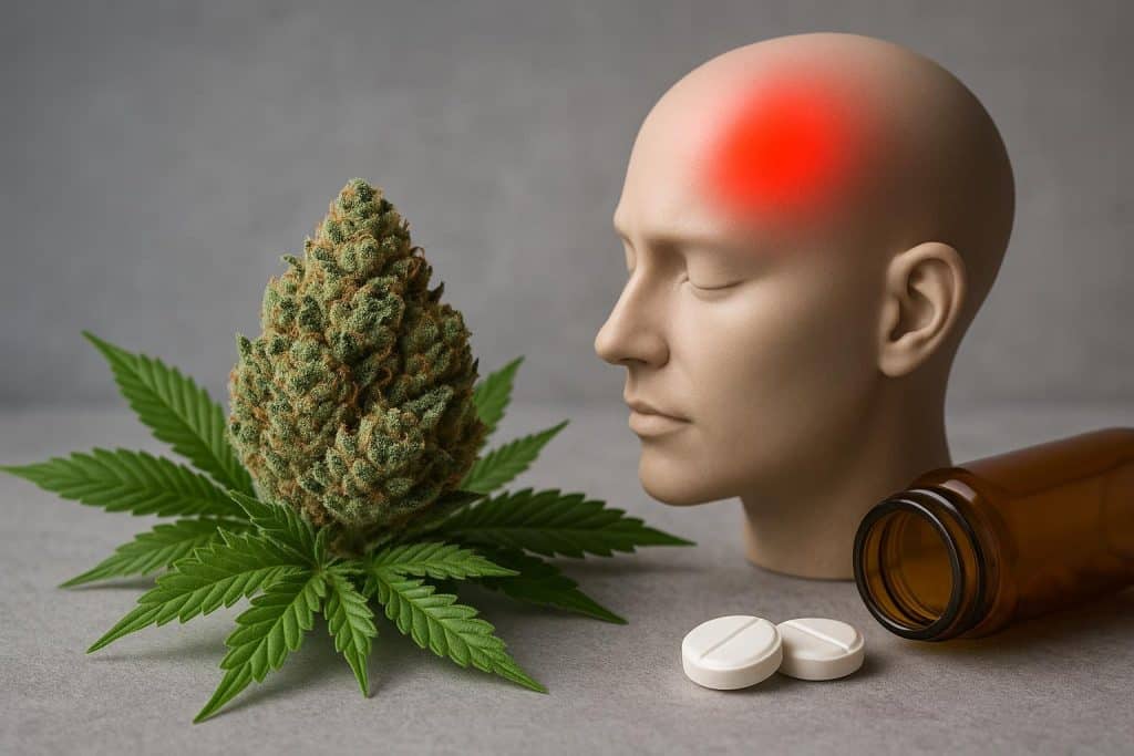 Best Cannabis Strains for Migraine Relief and Headache Management Assorted cannabis buds and leaves arranged on a table with migraine relief concept elements