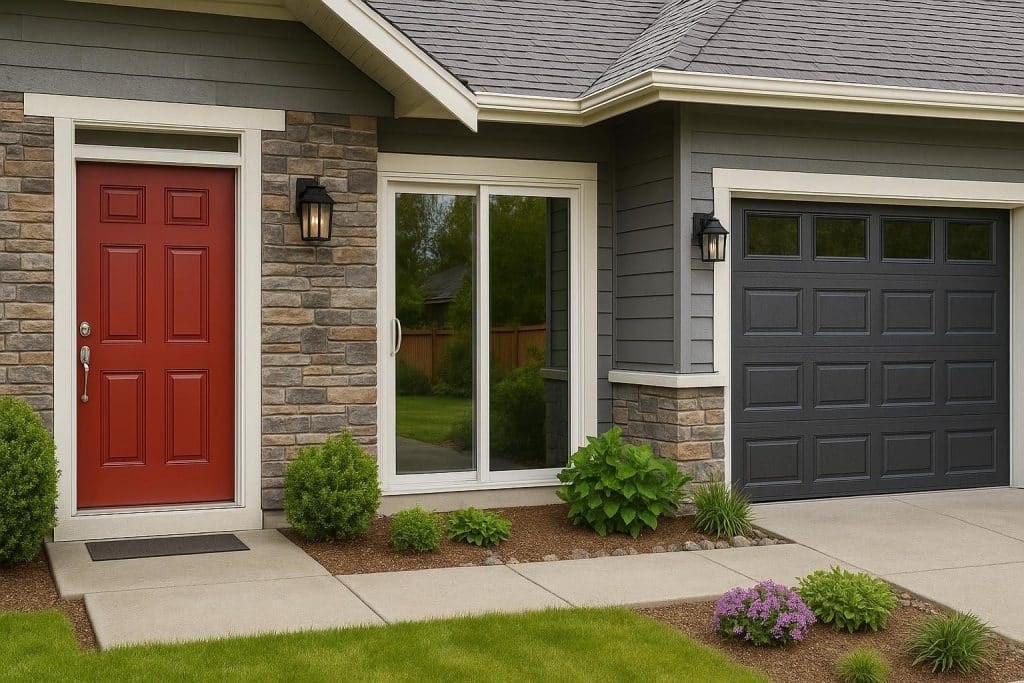 Modern Canadian home exterior with stylish front door, patio door, and garage door upgrades