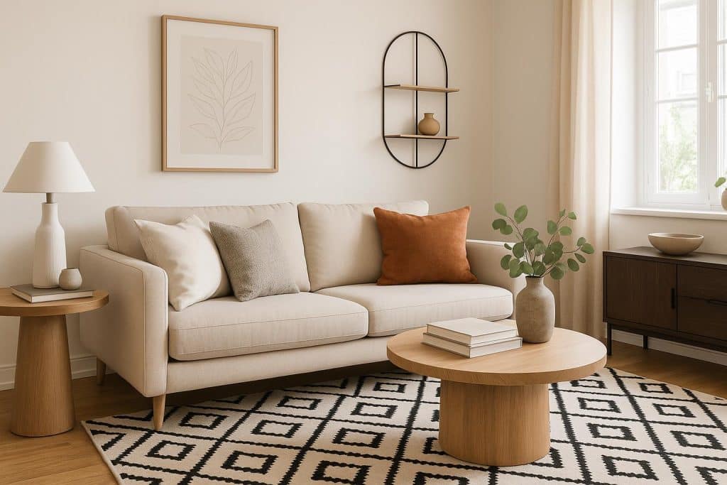Modern living room with fresh paint, stylish lighting, and updated furniture for a refreshed look