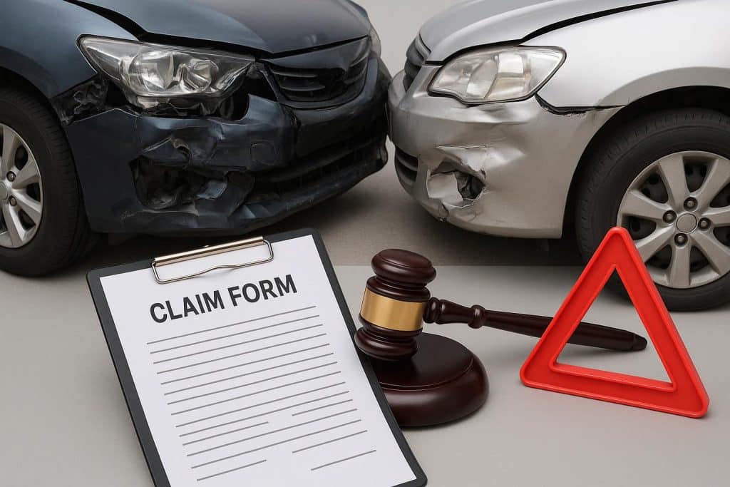 Unexpected Problems That Can Delay a Car Accident Claim Stack of car accident claim documents with a pen and warning signs indicating possible delays