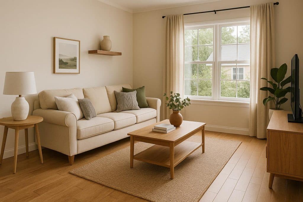 Cozy, well-decorated living room with homey touches for short term rental comfort