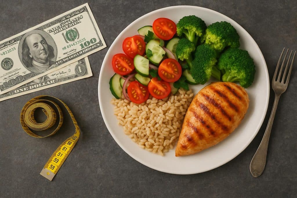 Healthy meal with medication and medical bills illustrating financial impact of chronic illness