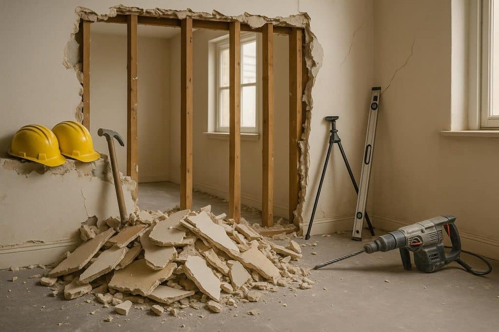 Cracked interior wall and exposed beams highlighting risks of DIY home demolition projects