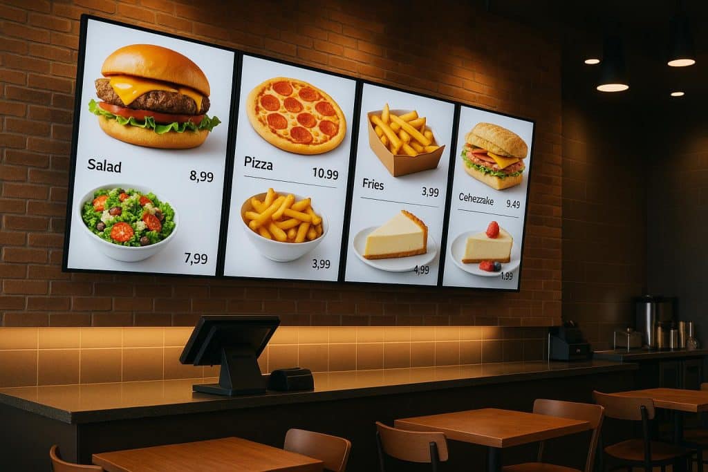 Digital menu boards displaying vibrant food options in a modern restaurant setting