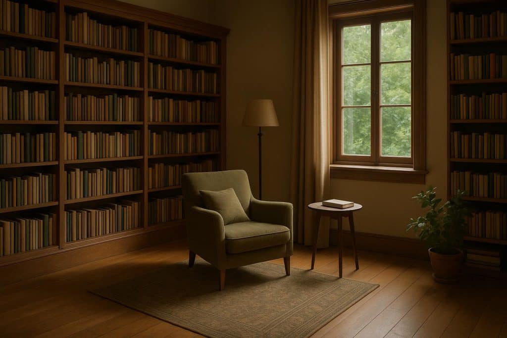Cozy home library with bookshelves, comfortable armchair, and soft lighting for reading