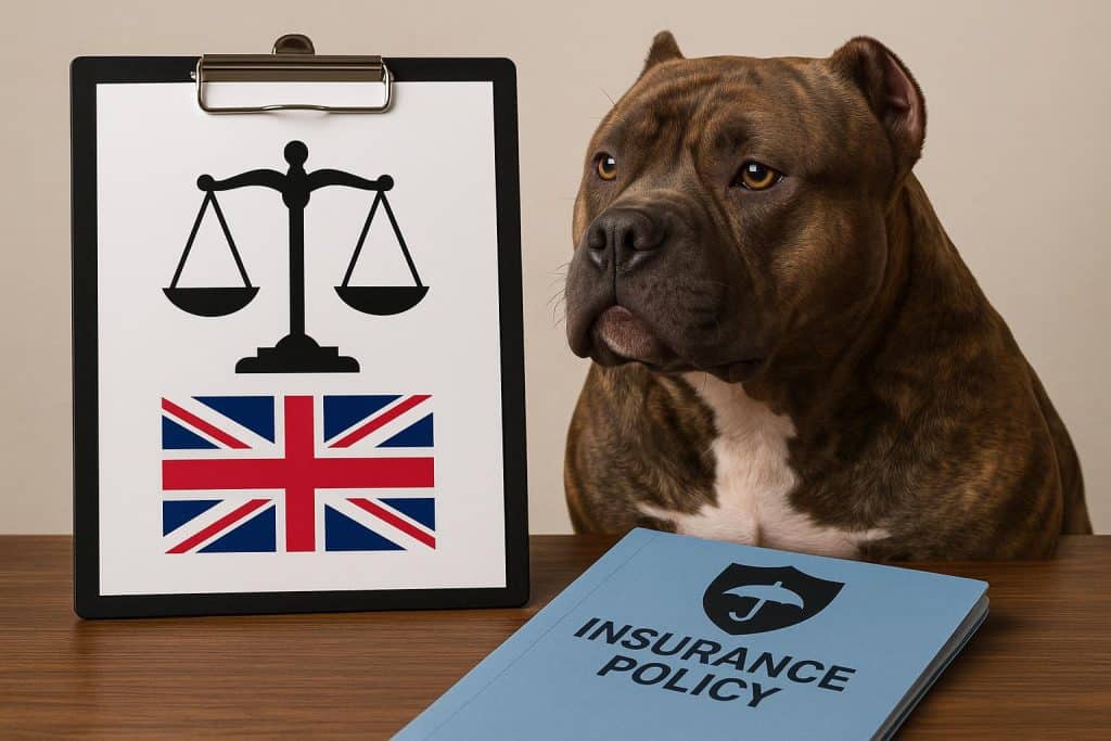 The ultimate guide to securing legally compliant XL Bully insurance in the UK XL Bully dog with owner holding insurance documents, highlighting UK legal compliance requirements