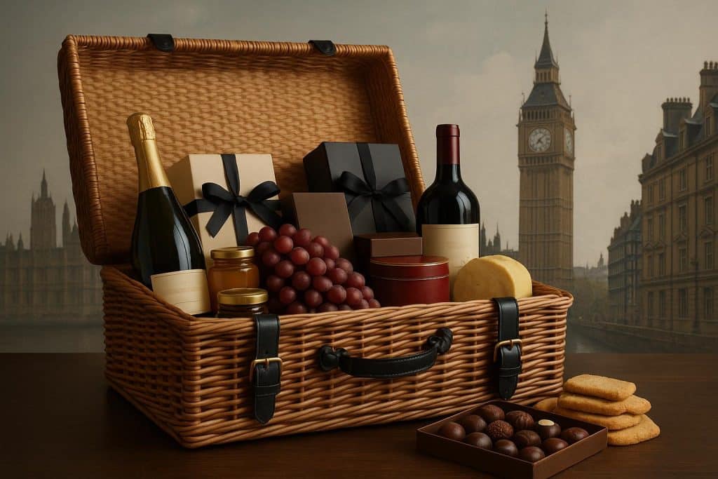 Elegant bespoke luxury hamper with gourmet treats and fine wine, London gifting style