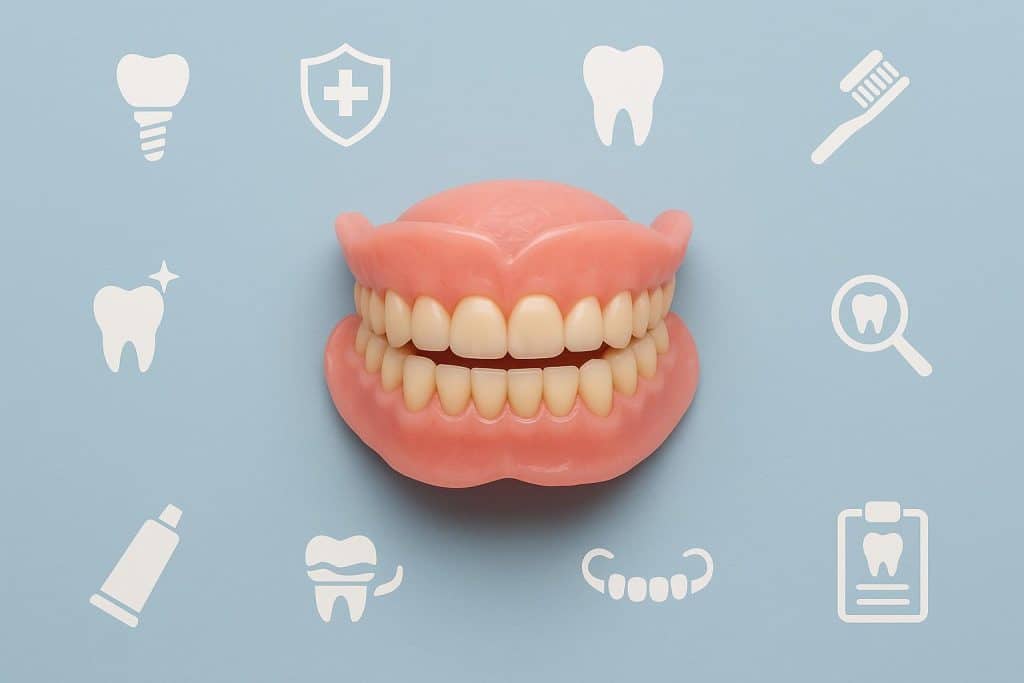 Modern dentures displayed on a dental tray highlighting design and material advancements