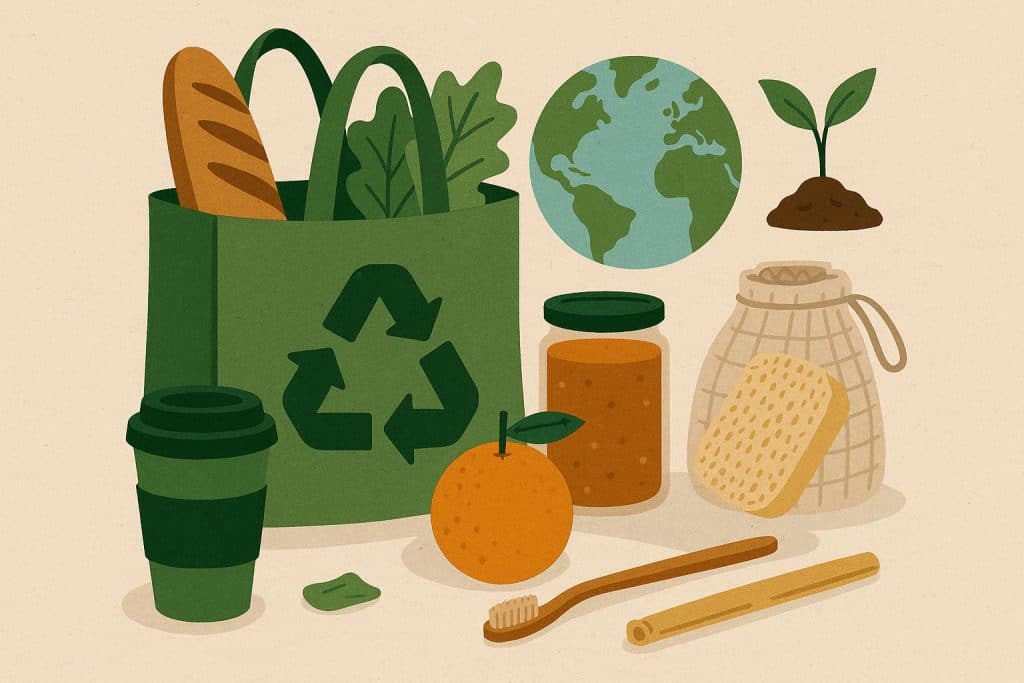 Everyday Ethics: How Small Purchases Shape a More Sustainable Future Reusable shopping bags and eco-friendly products promoting sustainable consumer choices
