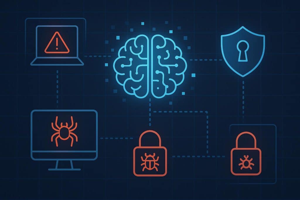 AI-powered threat detection: how it actually works and why it matters Abstract AI neural network analyzing cybersecurity threats with digital data streams and network nodes.